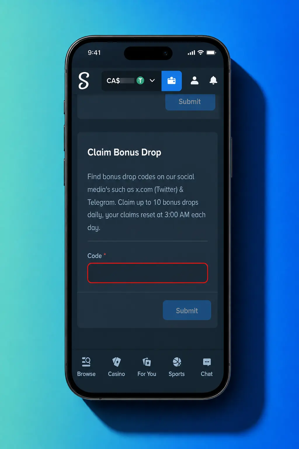Step-by-step guide showing how to claim a Stake sign-up bonus in Canada, including registration, KYC, and Rewards tab.