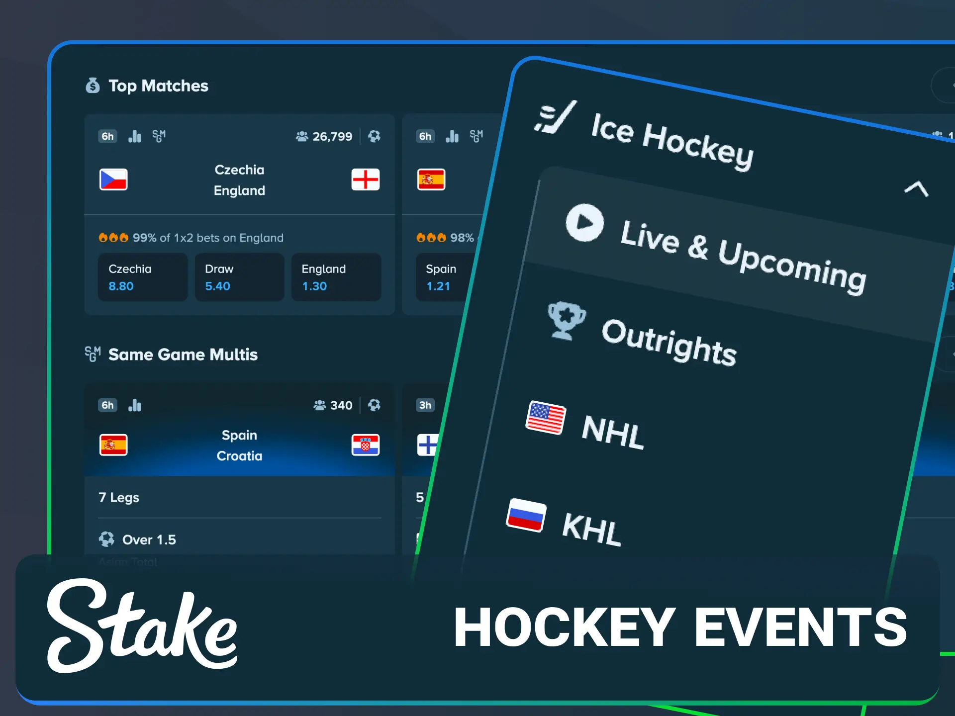 Bet on popular hockey events and top leagues at Stake Casino.