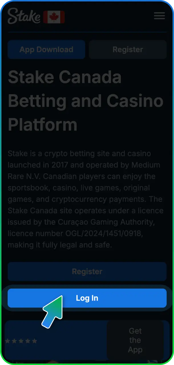 Click the button to open the login window at Stake Casino.