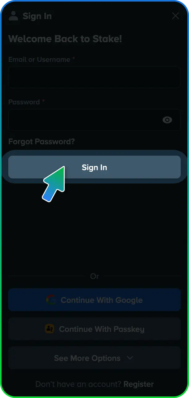 Complete your log in and start playing today at Stake Casino.