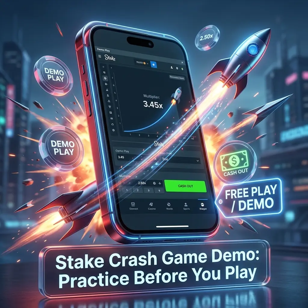 Stake Crash Game demo mode showing multiplier progression, betting options, and cash out mechanics using virtual funds