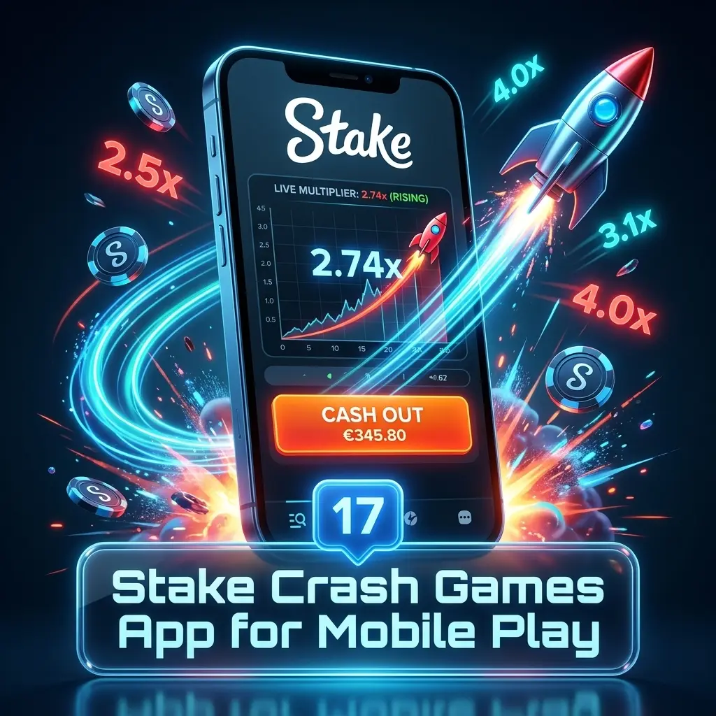 Stake crash games app on mobile showing Crash, Aviator, JetX, and other titles with cash out controls.