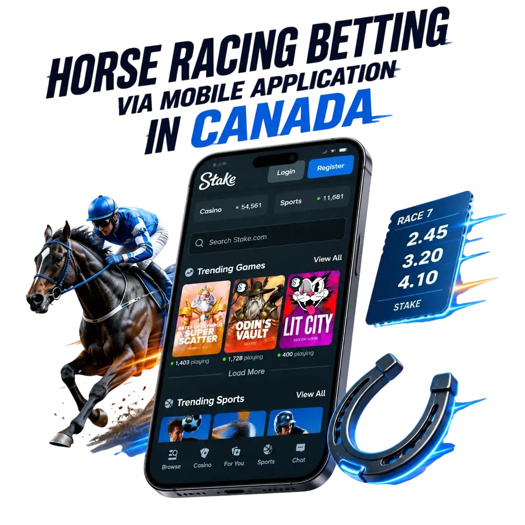 Stake mobile app for horse racing betting in Canada, showing race cards, live odds, and in-play wagering options.