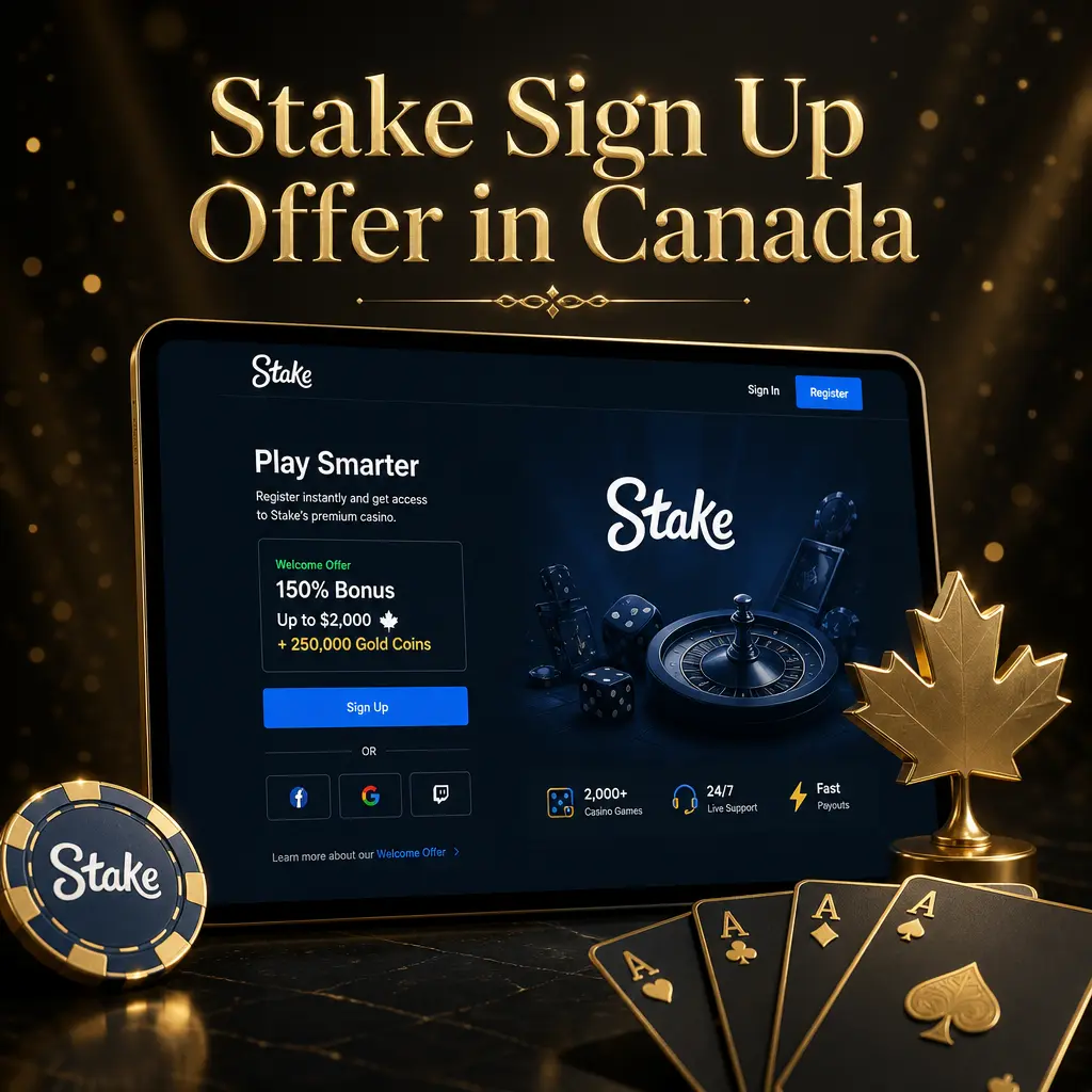 Stake Canada sign-up offer showing VIP Club perks like rakeback, level-up rewards, and weekly reload promotions.