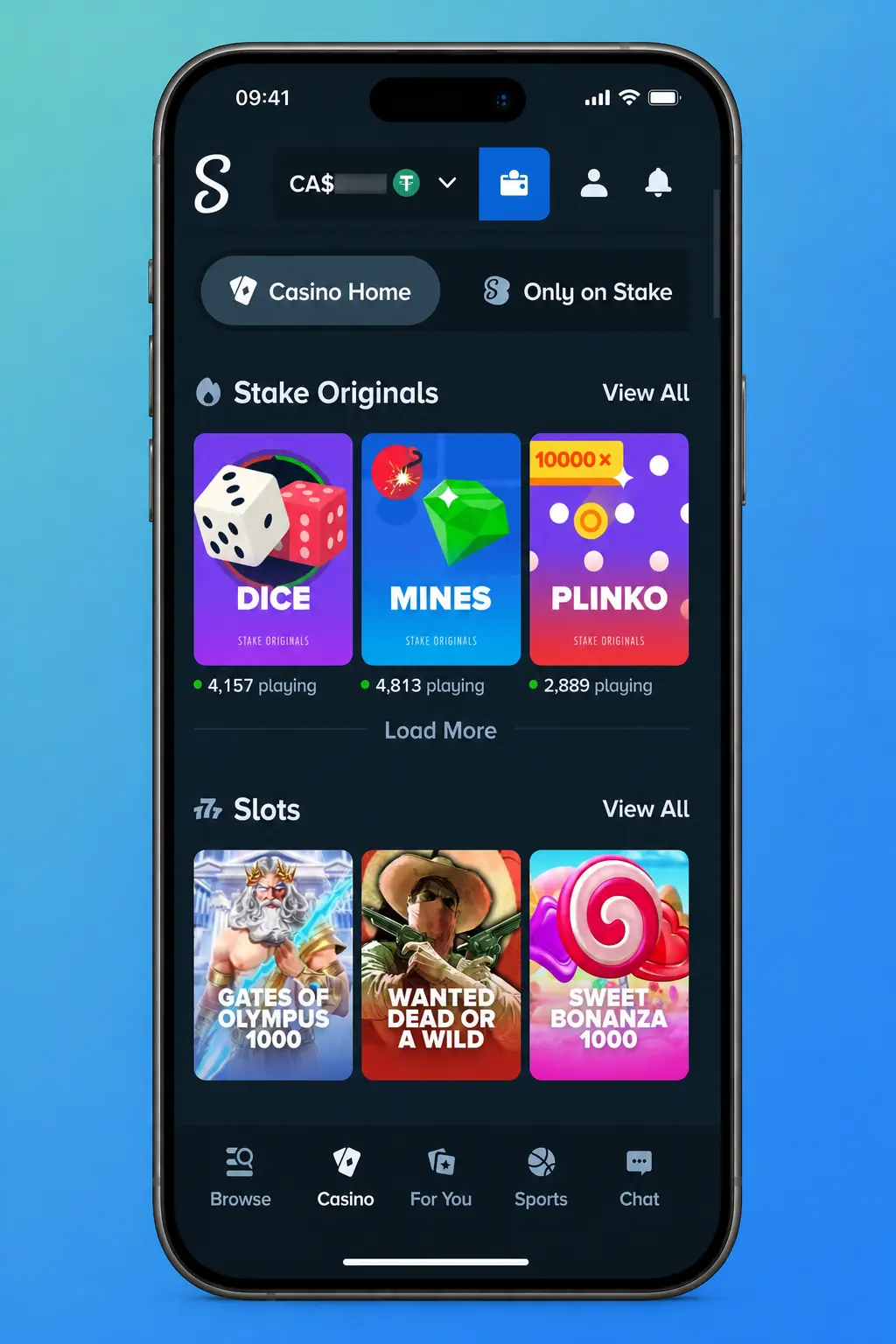 Step-by-step guide showing how to select, demo, and spin a slot game on the Stake casino platform.