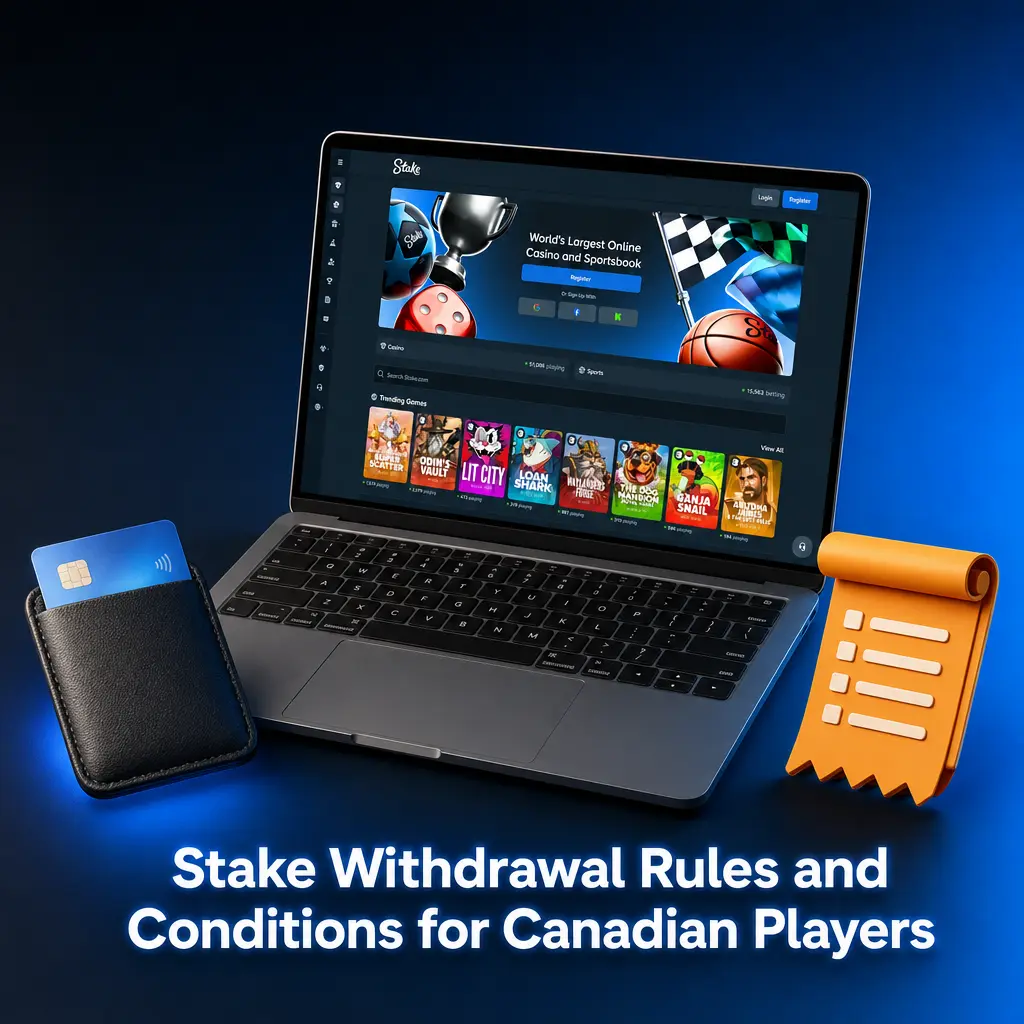 Stake withdrawal rules for Canadian players: ID verification, matching currency, one active request, CAD 2–50,000 limits, good account standing.
