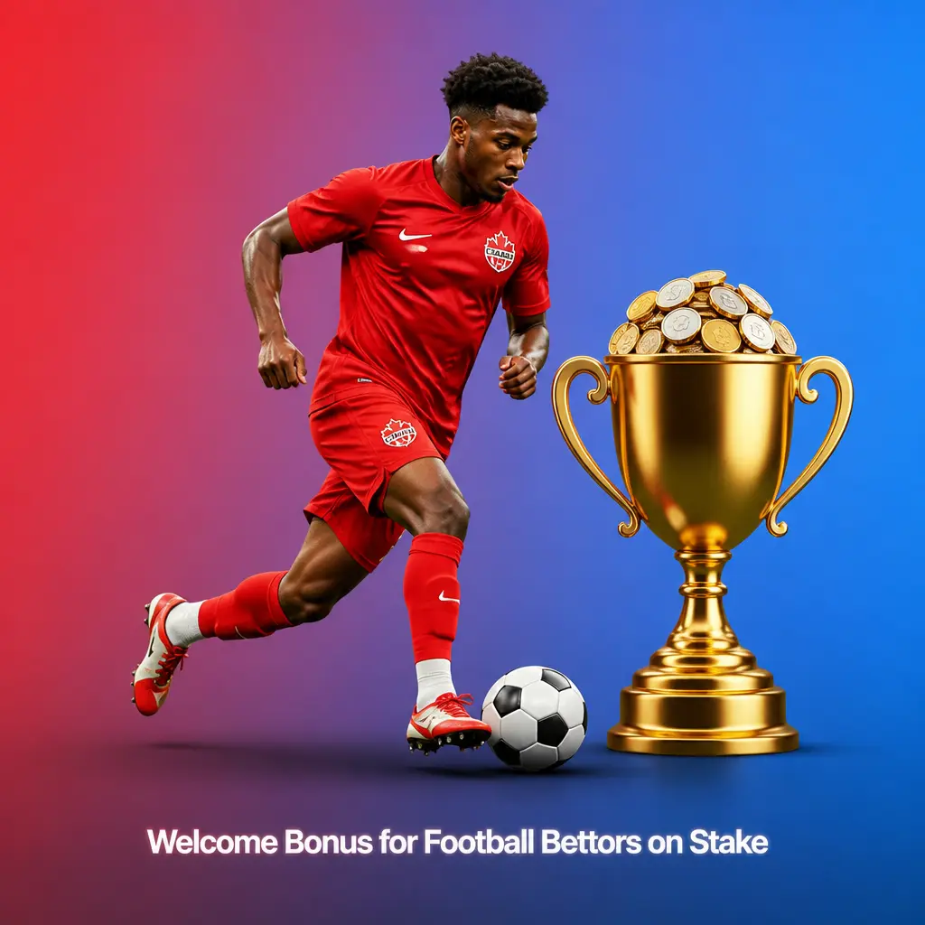 Stake welcome bonus for football bettors in Canada: sign up, enter bonus code, and bet on pre-match and live soccer markets.